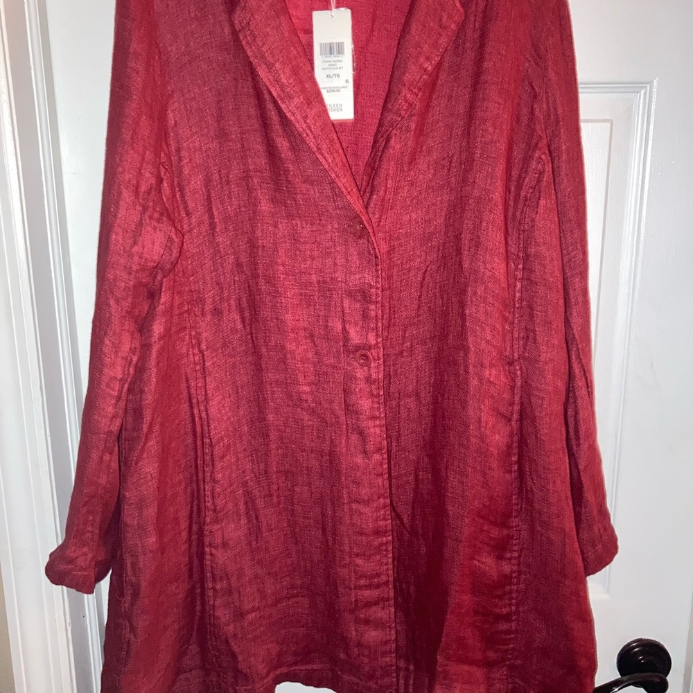 Eileen Fisher red linen blazer.